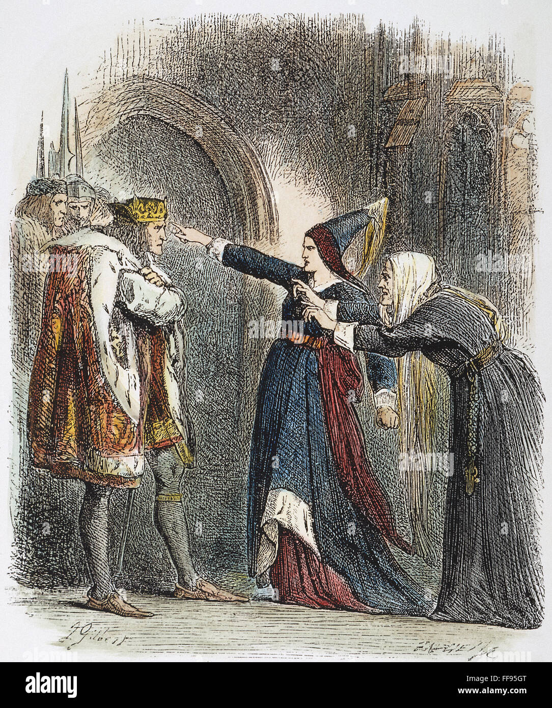 SHAKESPEARE: Richard III. /NKing Richard III Di fronte dalla Regina Elisabetta circa la scomparsa dei suoi figli (atto IV, scena 4). Dopo incisione Sir John Gilbert dalla edizione inglese, 1881, di Shakespeare 'Re Richard III." Foto Stock