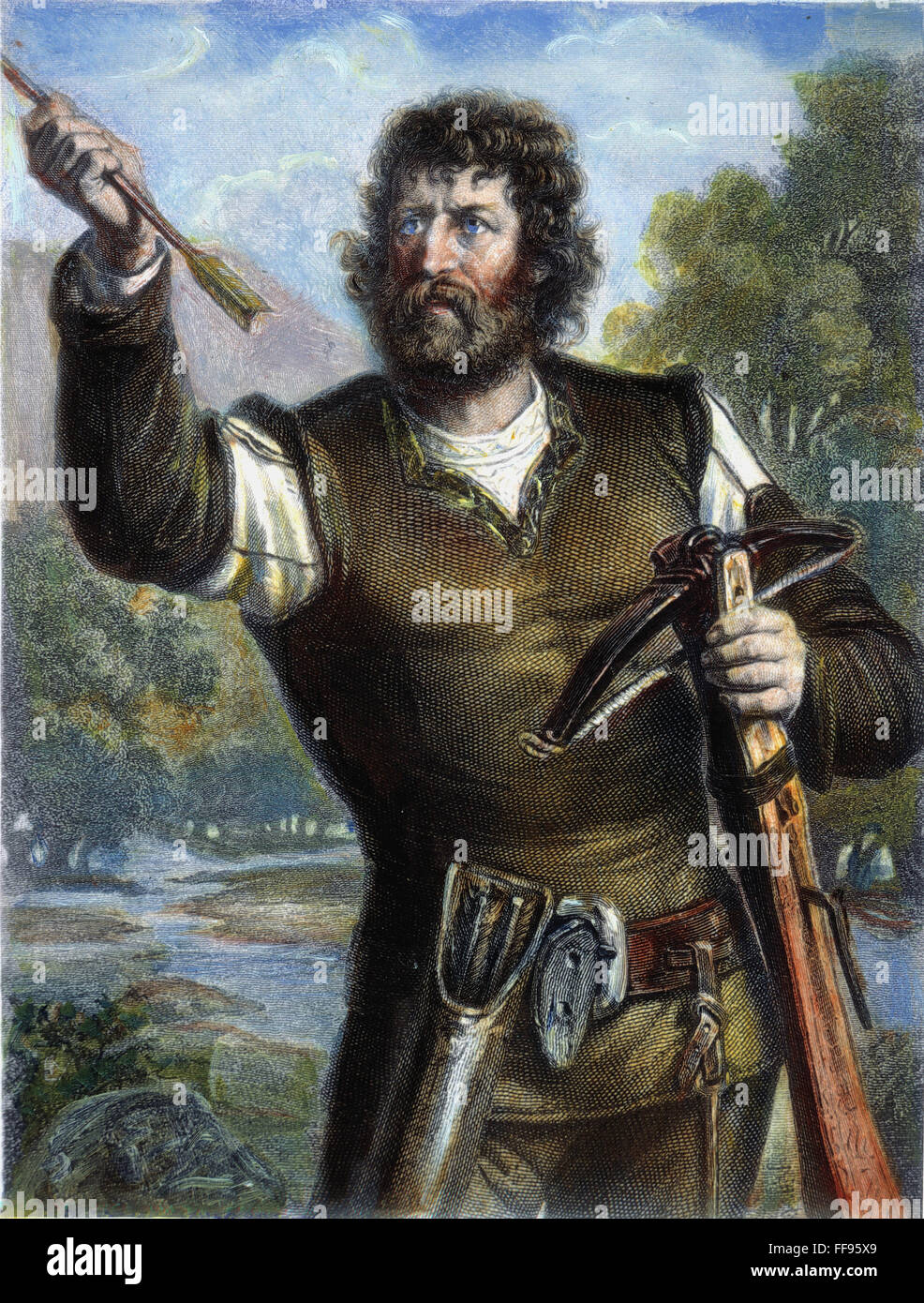 Guglielmo Tell./nil leggendario eroe svizzero tenendo la balestra e la freccia con la quale ha girato la apple dal suo figlio testa: incisione, xix secolo. Foto Stock