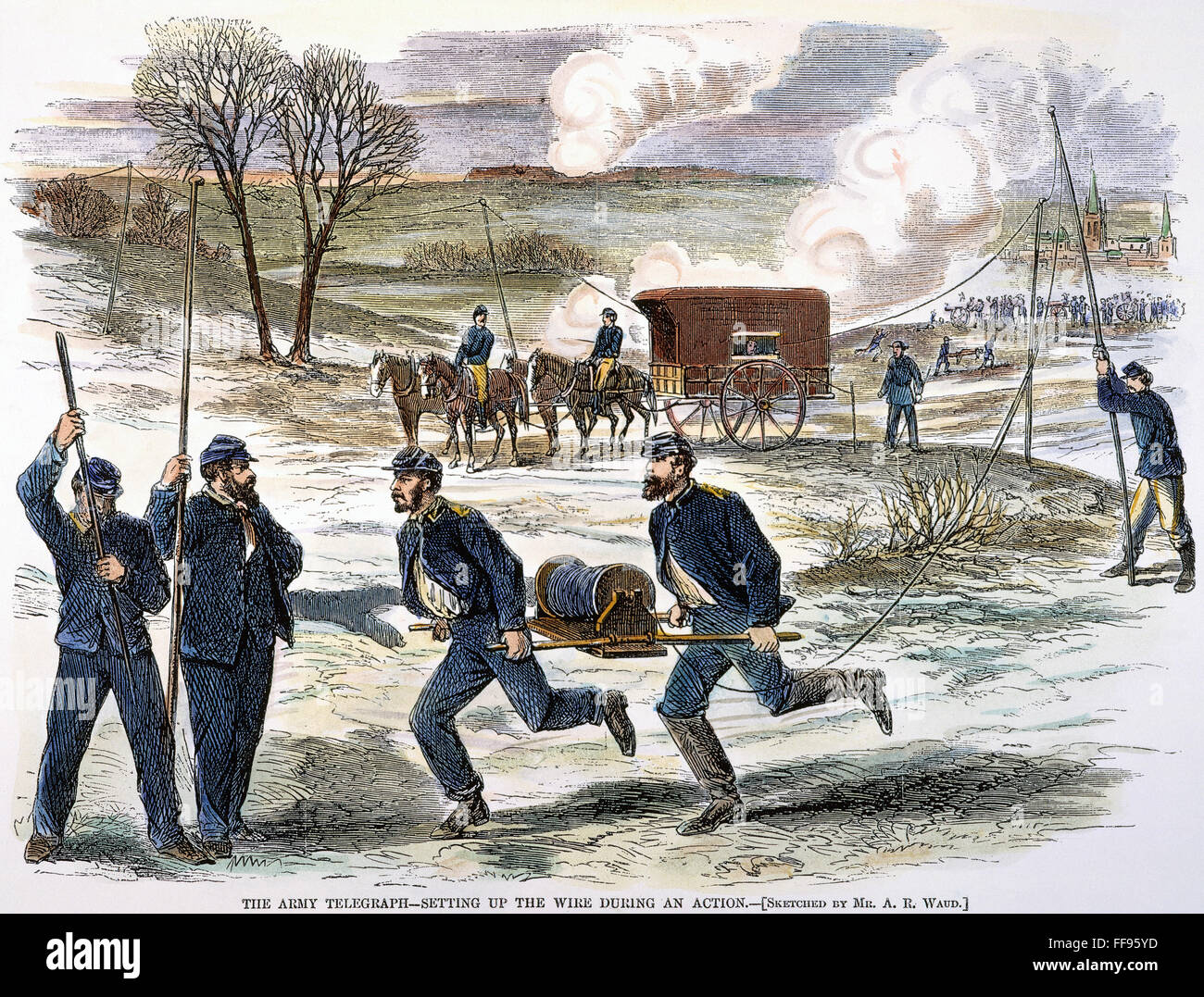 L'Unione Telegrafo, 1863. /Esercito nUnion telegraphers impostazione di filo come una lotta infuria in background: American incisione, 1863. Foto Stock