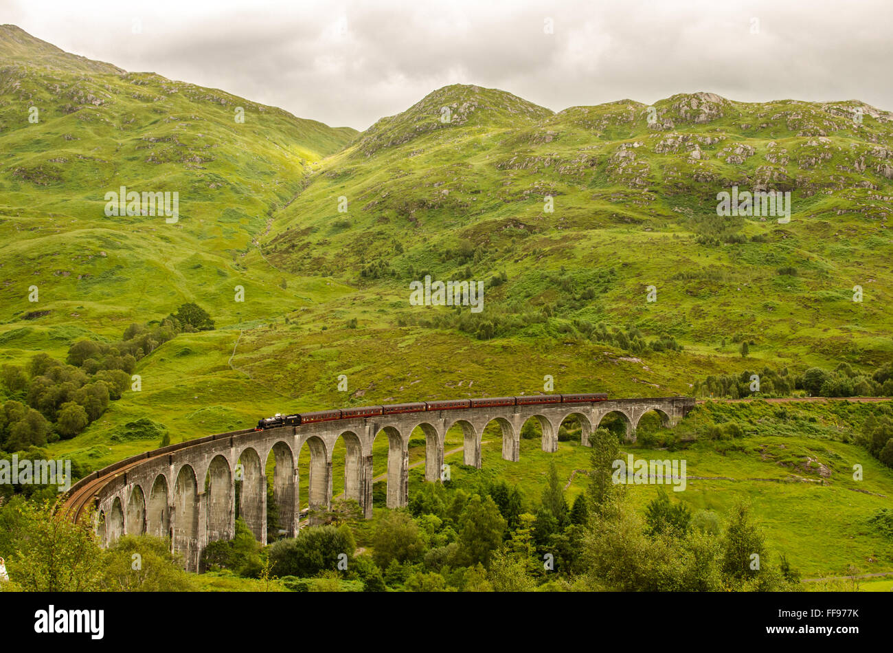 Viadotto Glenfinnan in Scozia con un treno a vapore. Regno Unito Regno Unito Gran Bretagna Foto Stock