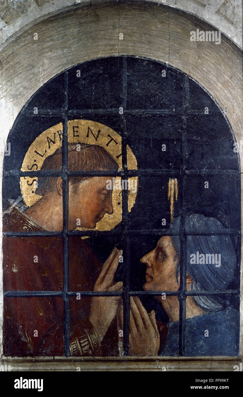 SAINT LAWRENCE. /NFra Angelico: Saint Lawrence convertendo il jailor (dettaglio dalla sentenza di San Lorenzo). Foto Stock