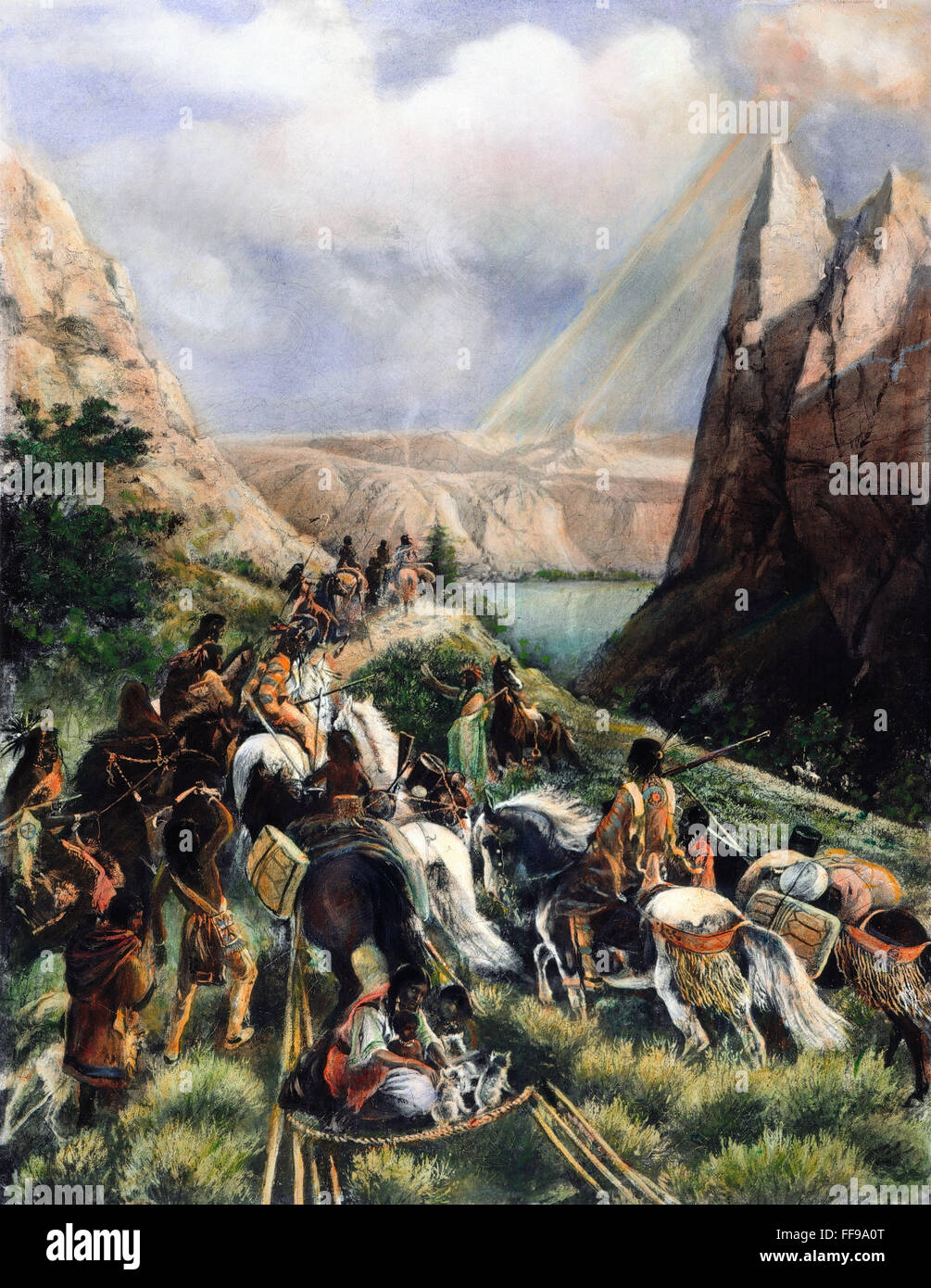 Nativi americani: TRAVOIS, 1881. /NNative americani che viaggiano con un travois nell'ovest americano. Dopo un dipinto del 1881, da William Cary. Foto Stock