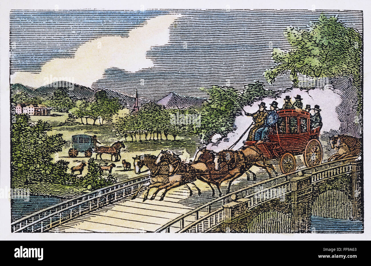 Diligenze del XIX secolo. /NAn inizi del XIX secolo pubblico fase autobus con passeggeri all'interno e fuori. Incisione su legno, 1839. Foto Stock