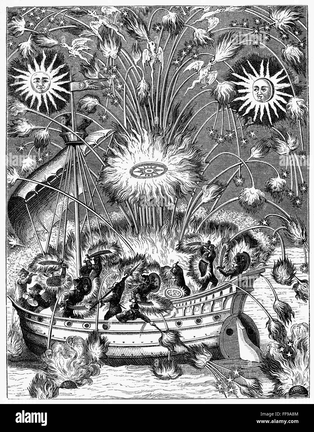 Fuochi d'artificio, 1630. /NFireworks sull'acqua con una imitazione di combattimento navale. Incisione su rame, francese, 1630. Foto Stock