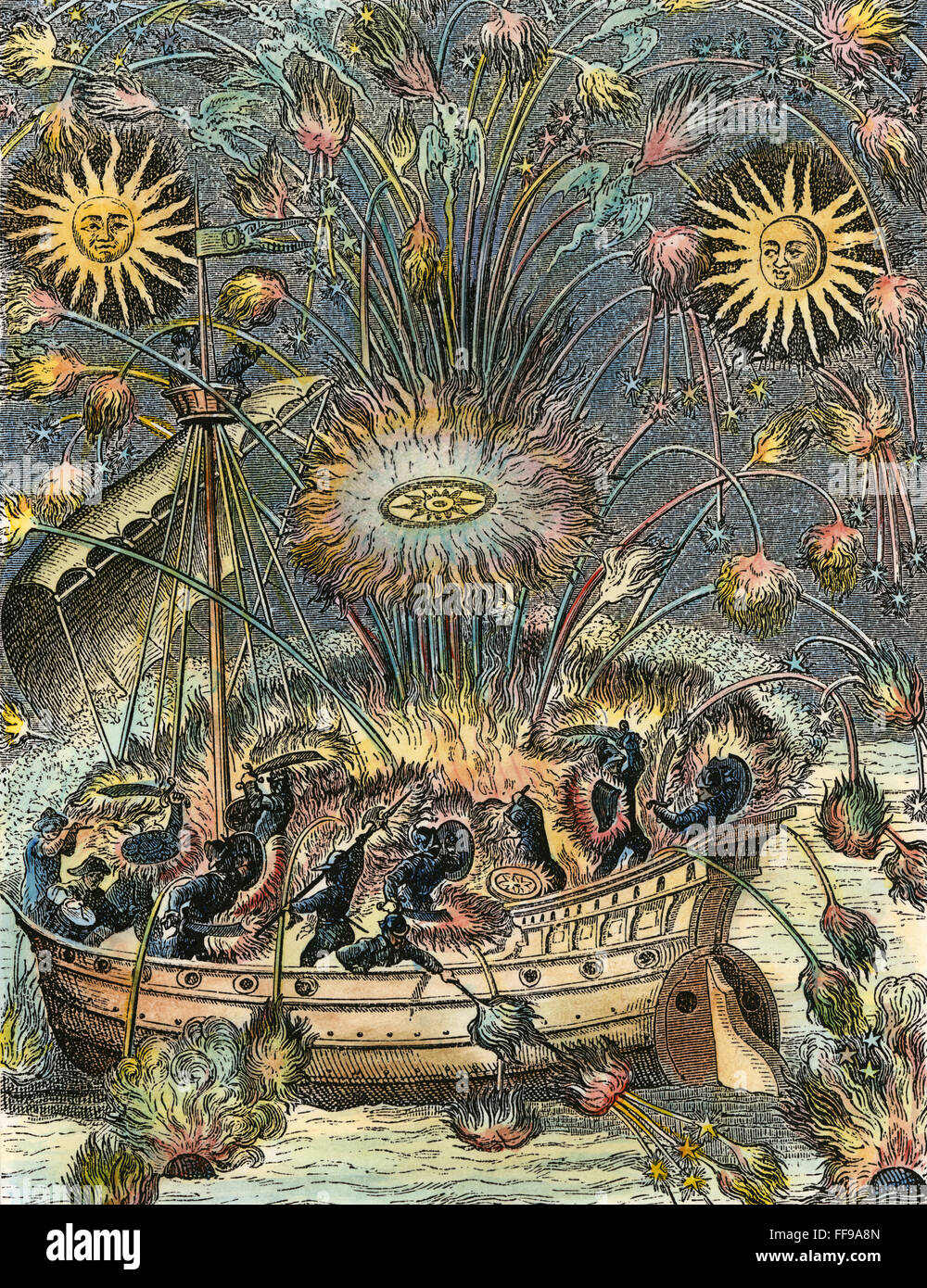Fuochi d'artificio, 1630. /NFireworks sull'acqua con una imitazione di combattimento navale. Incisione su rame, francese, 1630. Foto Stock