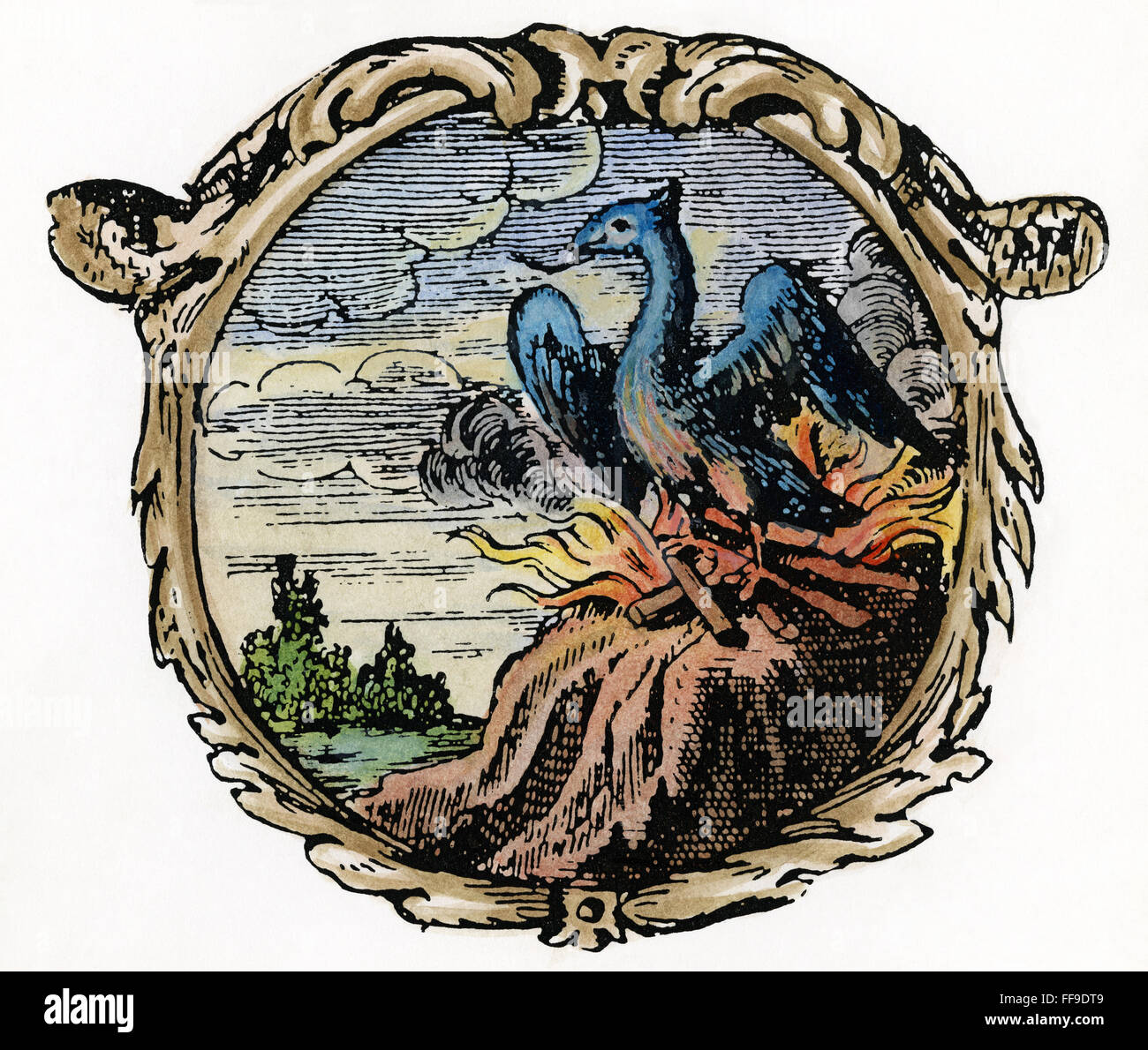 PHOENIX, 1702. /Nil phoenix rising dalle sue ceneri, il simbolo cristiano della risurrezione. La linea di incisione Boschius dall' 'Ars Symbolica", Augsburg, 1702. Foto Stock