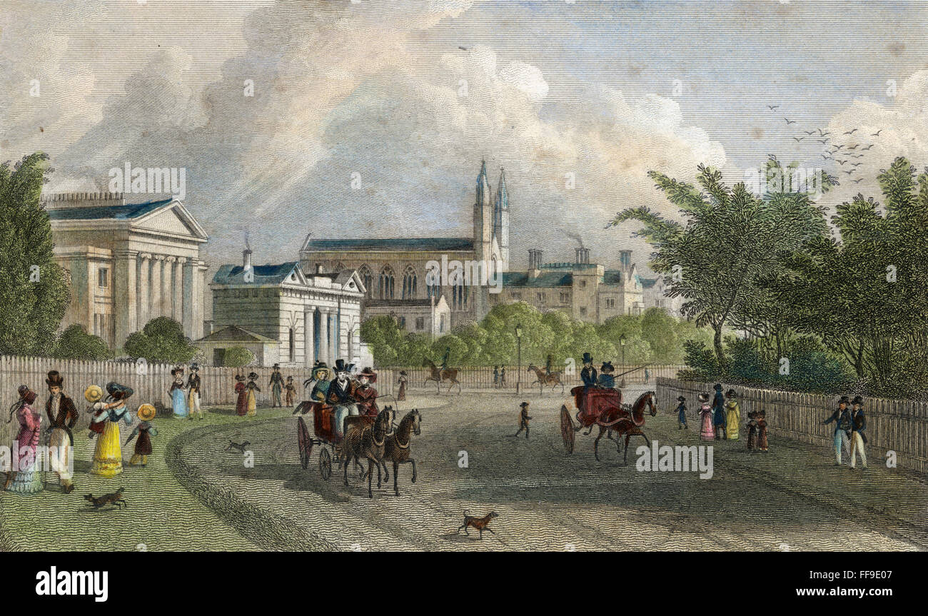 Londra: Regent's Park, 1828. /N'in vista del Regent's Park; porta est, una villa, e Santa Caterina Ospedale,' di Londra. Incisione in acciaio, inglese, 1828. Foto Stock