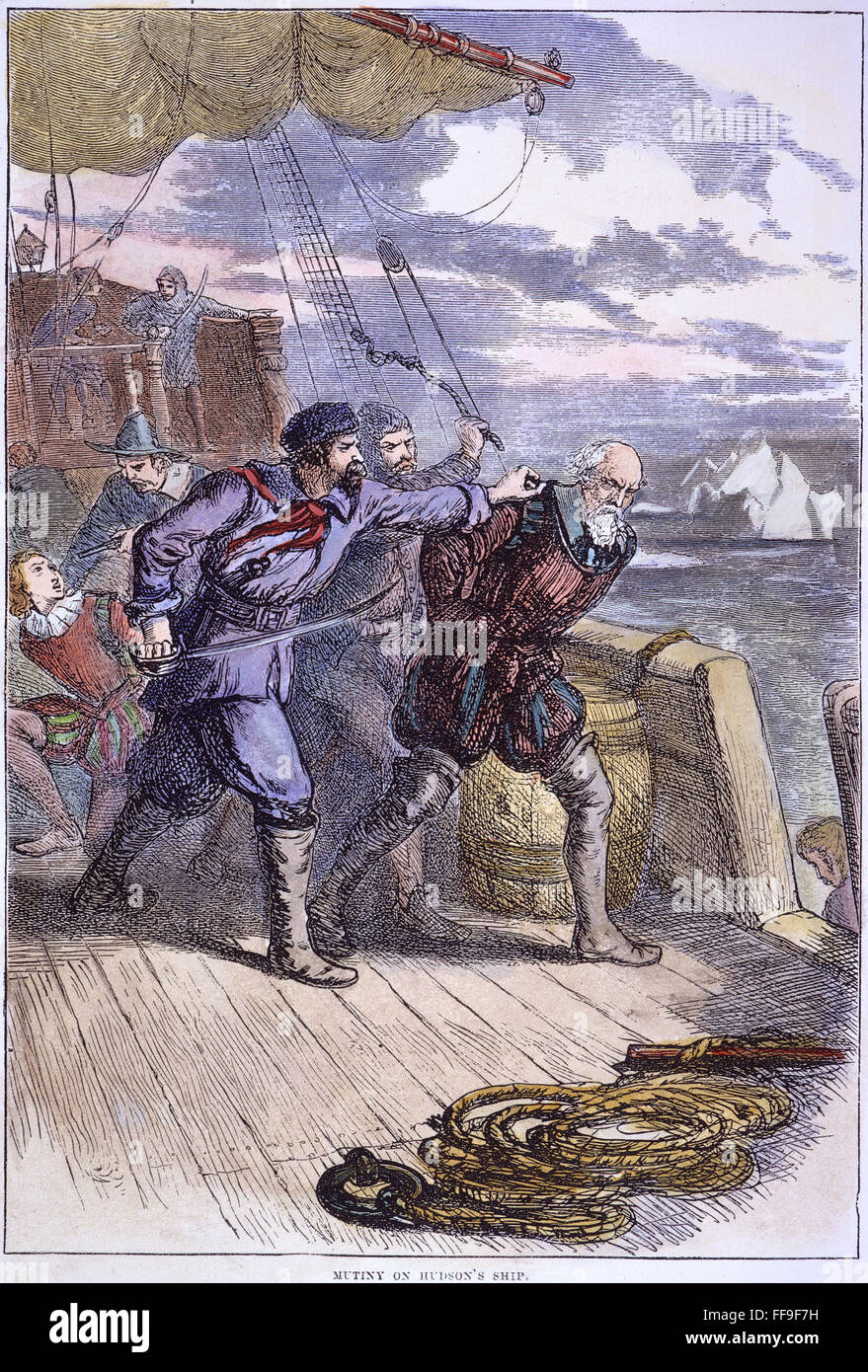 HUDSON: MUTINY, 1611. /Nil mutiny della scoperta equipaggio contro Henry Hudson all attuale della Baia di Hudson, Canada, giugno 1611: incisione su legno, xix secolo. Foto Stock