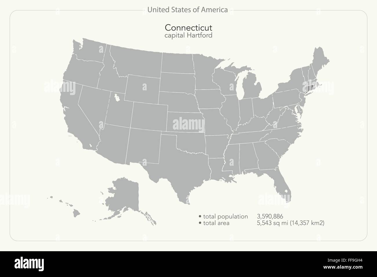 Stati Uniti d'America isolata e mappa dello stato del Connecticut territorio. vettore politico USA mappa geografica modello di pagina di intestazione Illustrazione Vettoriale