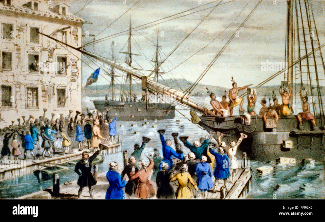Il Boston Tea Party. Nathaniel Currier 1846 della litografia del dicembre 1773, dal titolo " La distruzione di tè nel porto di Boston", Foto Stock