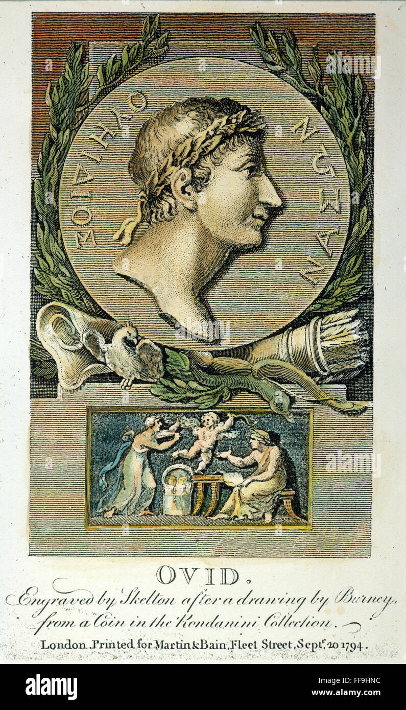 Ovidio (43 A.C.-c17 d.C.). /NRoman poeta. Full nome latino: Publio Ovidius Naso. La linea di incisione, inglese, 1794. Foto Stock