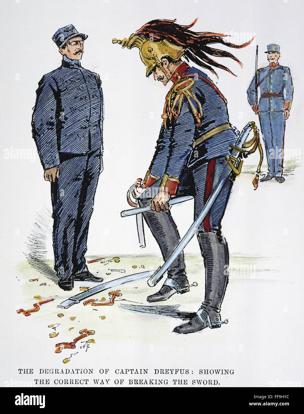 ALFRED DREYFUS (1859-1935). /NFrench ufficiale dell'esercito. La degradazione del capitano Dreyfus dopo la sua prima prova per tradimento nel 1894. Penna contemporanea-e-disegno a inchiostro. Foto Stock