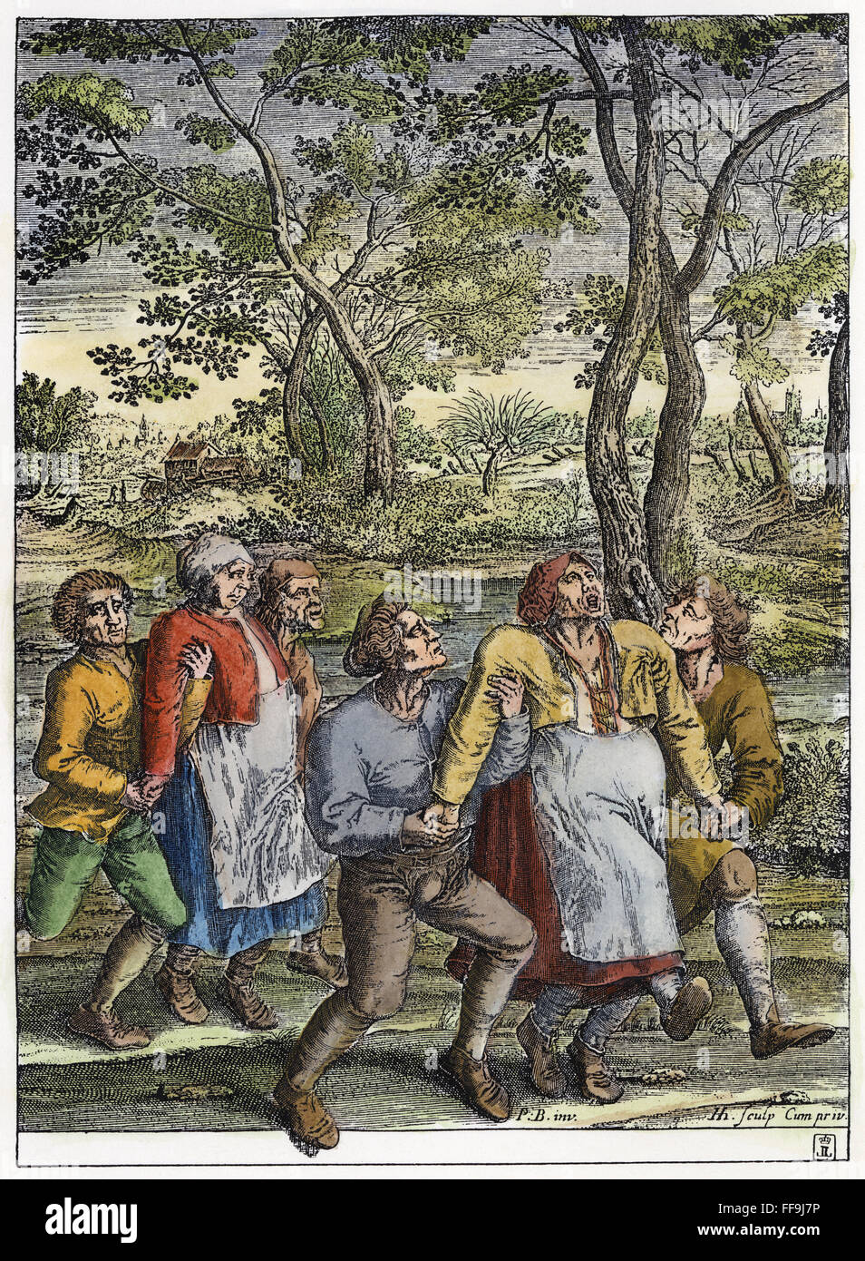 Huntington isteria, 1642. /NVictims dell'isterico dancing mania del tardo Medioevo (st Vitus dance/Huntington). La linea di incisione, 1642, dopo Peter Bruegel il Vecchio. Foto Stock