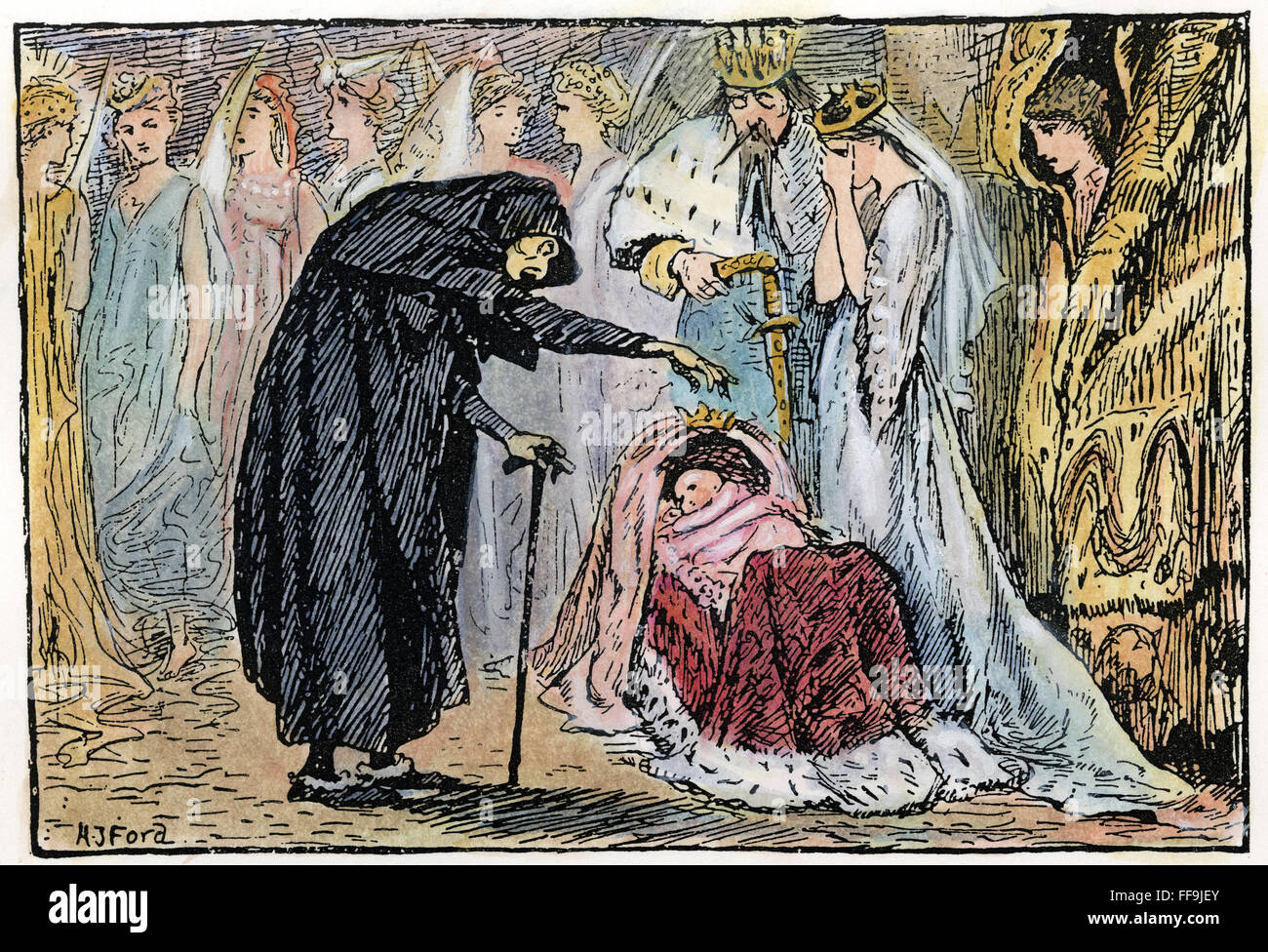 PERRAULT: Sleeping Beauty. /Nil old crone lancia un incantesimo sul baby princess. Disegno, c1891, da Henry J. Ford per la Perrault favola. Foto Stock