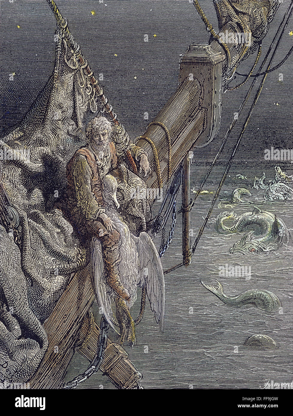 COLERIDGE: Antico mariner. /Nil Mariner siede con gli albatross intorno al suo collo. Incisione su legno dopo Gustave DorΘ (1832-1883) per Samuel Coleridge "Ballata del Vecchio Marinaio", 1798. Foto Stock