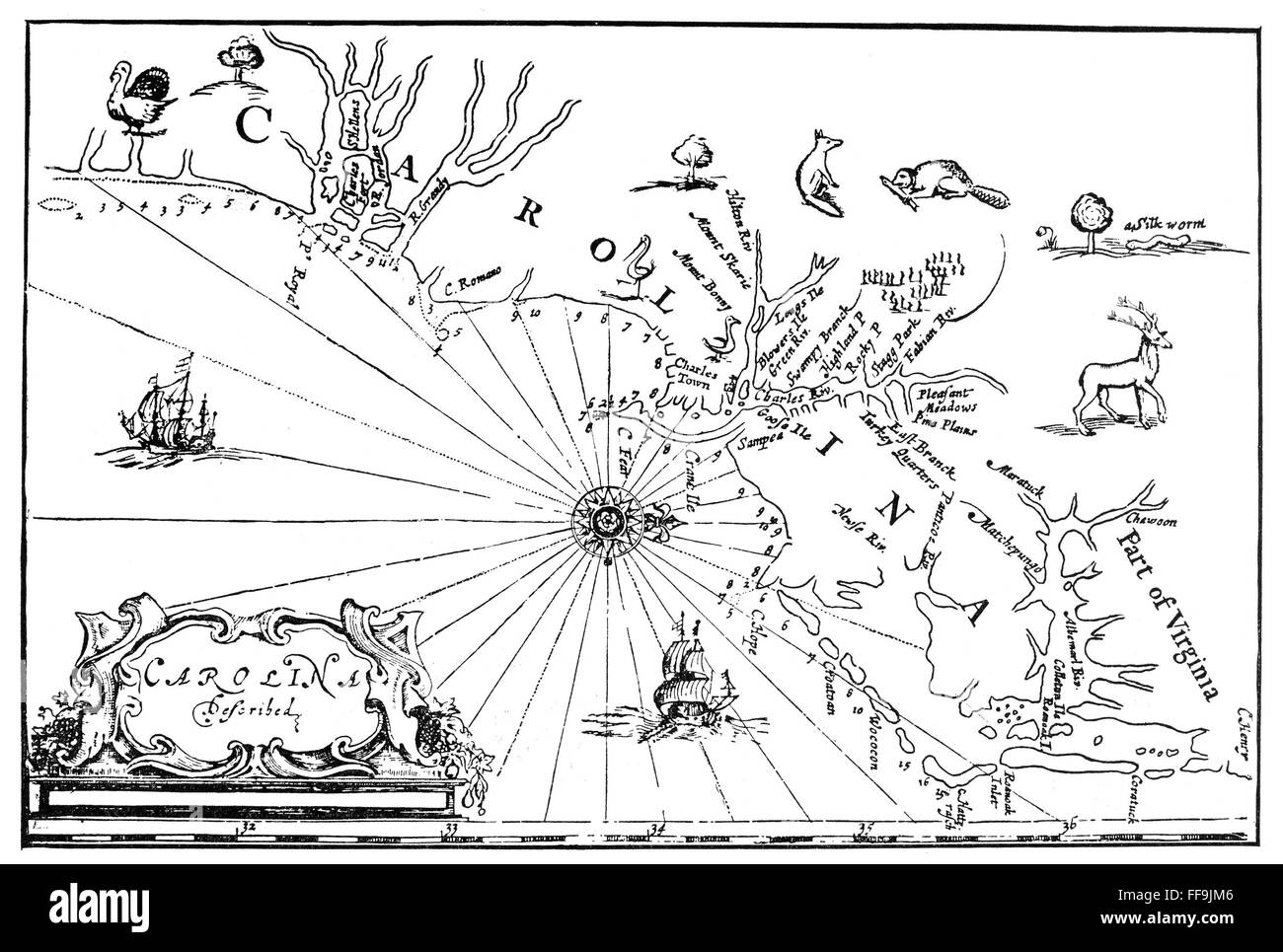 COLONIAL CAROLINA MAP. /Nil prima mappa di Carolina. Da 'una breve descrizione della provincia di Carolina", Londra, Inghilterra, 1666. Foto Stock