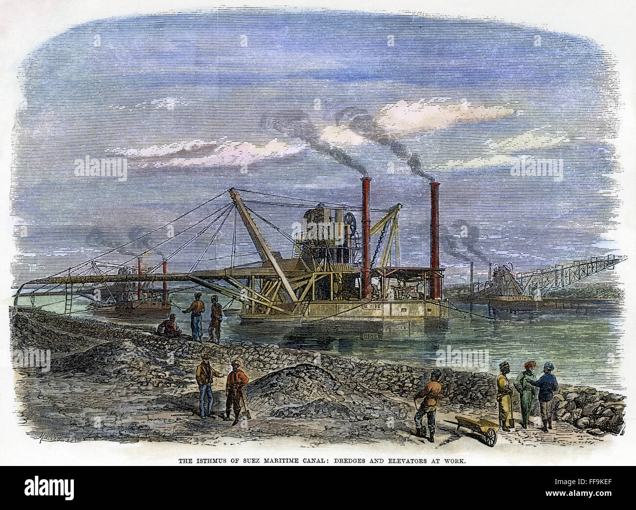Canale di Suez costruzione. /NDredges e ascensori al lavoro durante la costruzione del Canale di Suez, 1869. Incisione su legno da un contemporaneo quotidiano inglese. Foto Stock