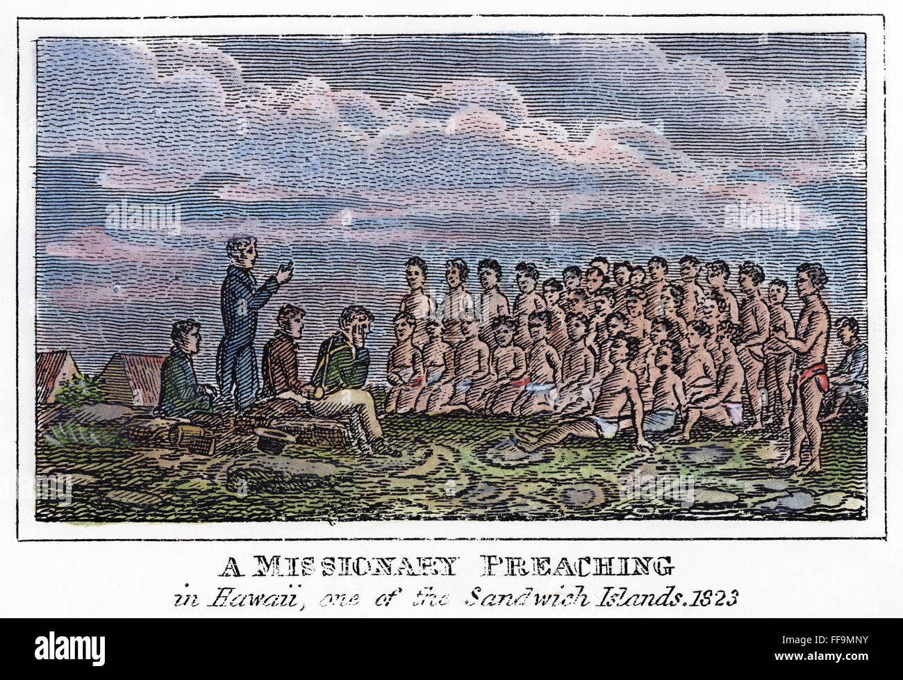 HAWAIIAN MISSIONARIA, 1823. /NA predicazione missionaria nelle Hawaii nel 1823. La linea di incisione, American, 1832. Foto Stock