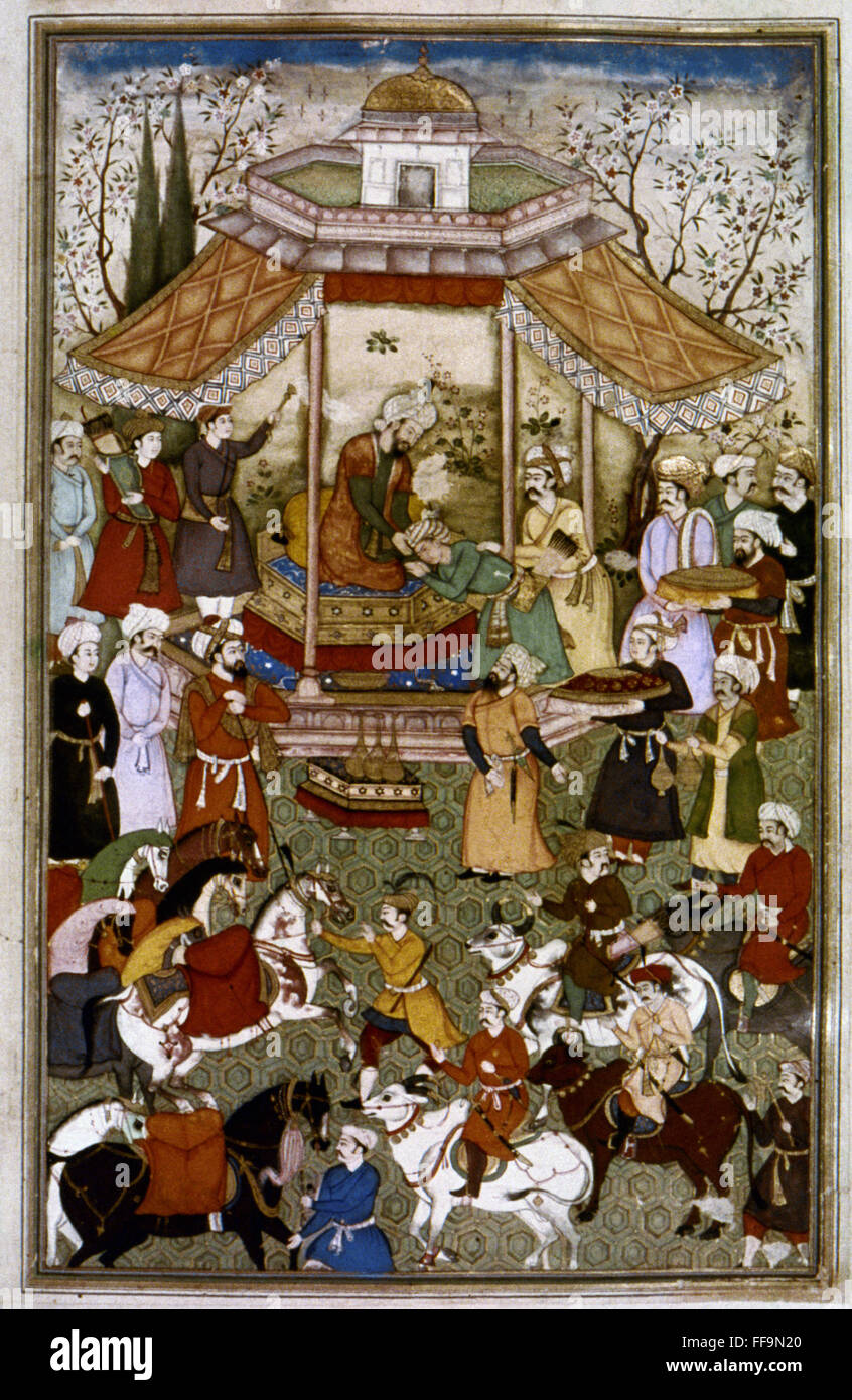 Indiano libro Mughal, 1600. /NTimur il saluto di sua nipote a Multan. Zafarnama. Foto Stock
