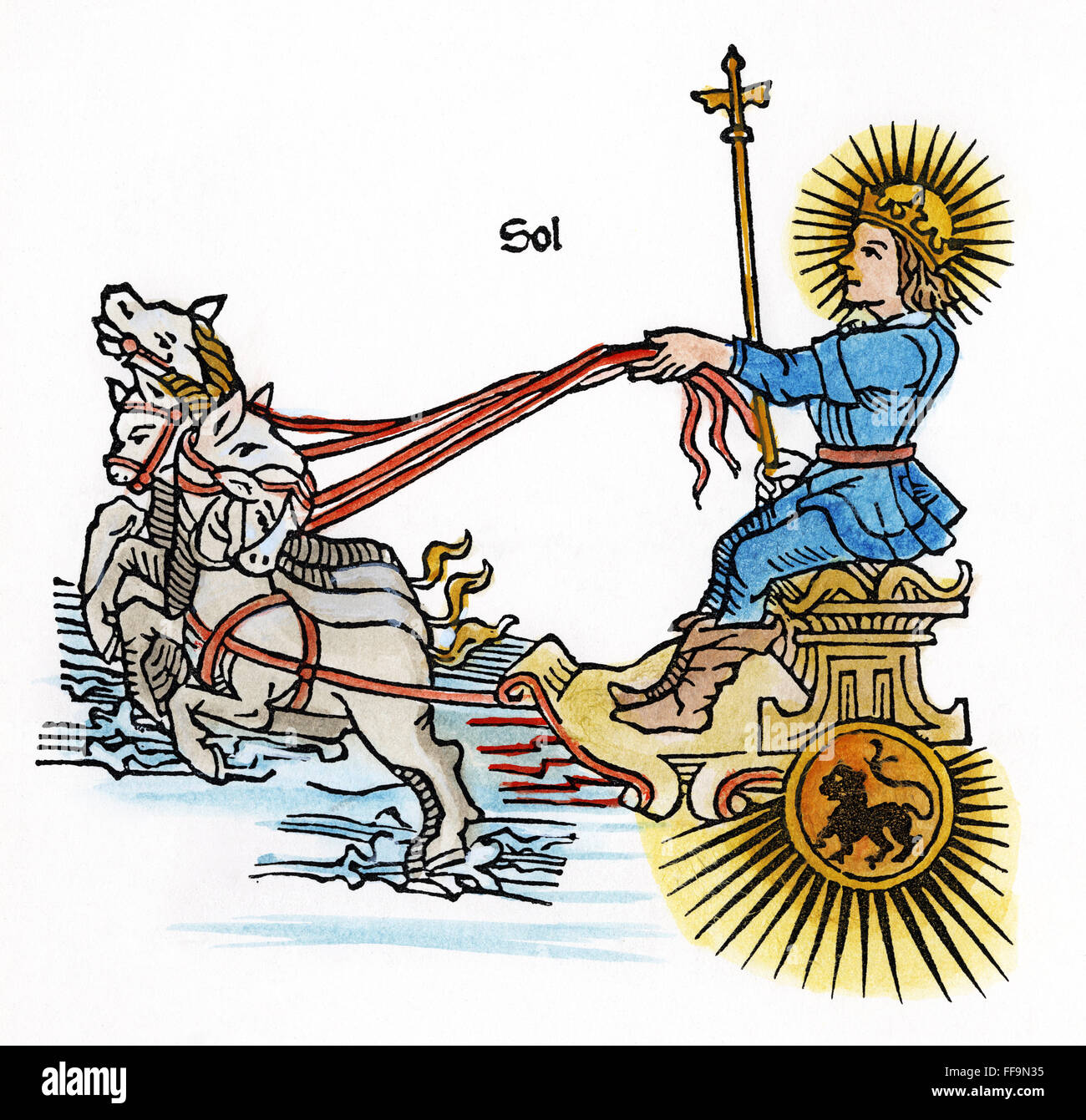 Dio sole Helios, o SOL. /NRepresentation del dio del sole Helios o Sol. Xilografia da Gaio Giulio Hyginus' 'Poeticon Astronomicon", Venezia, Italia, 1482. Foto Stock