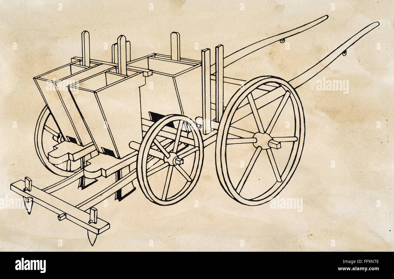 TULL: seminatrice. /NSeed trapanare inventato, c1701, da Jethro Tull (1674-1741): linea incisione. Foto Stock