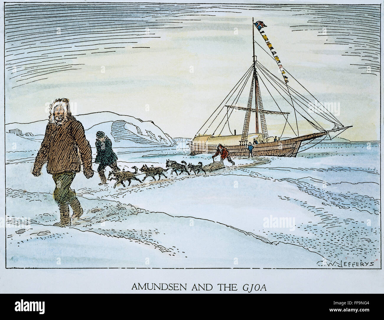 ROALD AMUNDSEN (1872-1928). /NNorwegian esploratore polare, con il suo equipaggio la navigazione del passaggio a nord ovest nel 47-ton sloop "Gjoa", 1903-06. Disegno di Charles W. Jefferys. Foto Stock