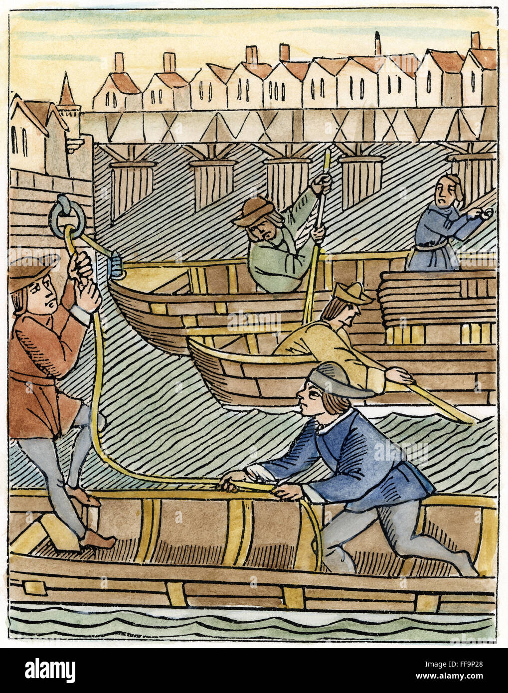 Pedaggio: Parigi, 1500. /NToll sotto i ponti di Parigi. Xilografia da 'Ordonnances des Marchands de Paris", 1500. Foto Stock