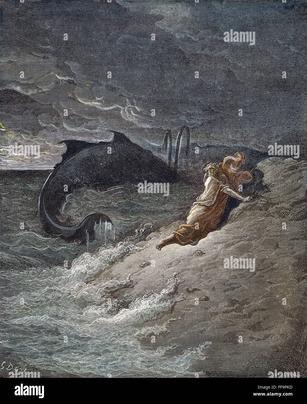 Giona. /NJonah è gettato dalla balena (Giona 2:10). Incisione su legno dopo Gustave DorΘ. Foto Stock