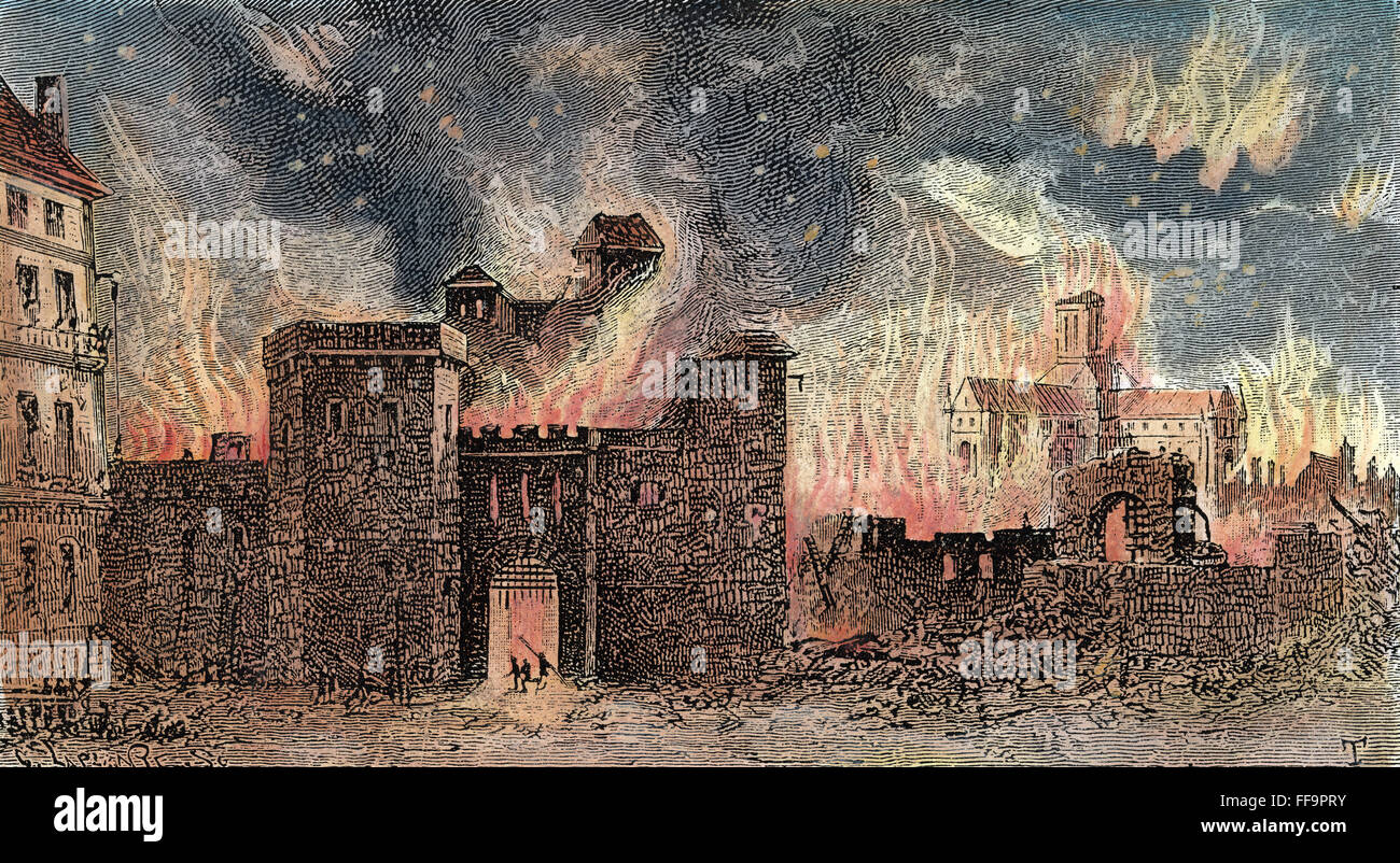 Grande Incendio di Londra, 1666. /Nil Grande Incendio di Londra, 1666, che distrusse 13,200 case e 89 chiese ma con un totale numero di morti di sei persone. Incisione su legno, xix secolo. Foto Stock