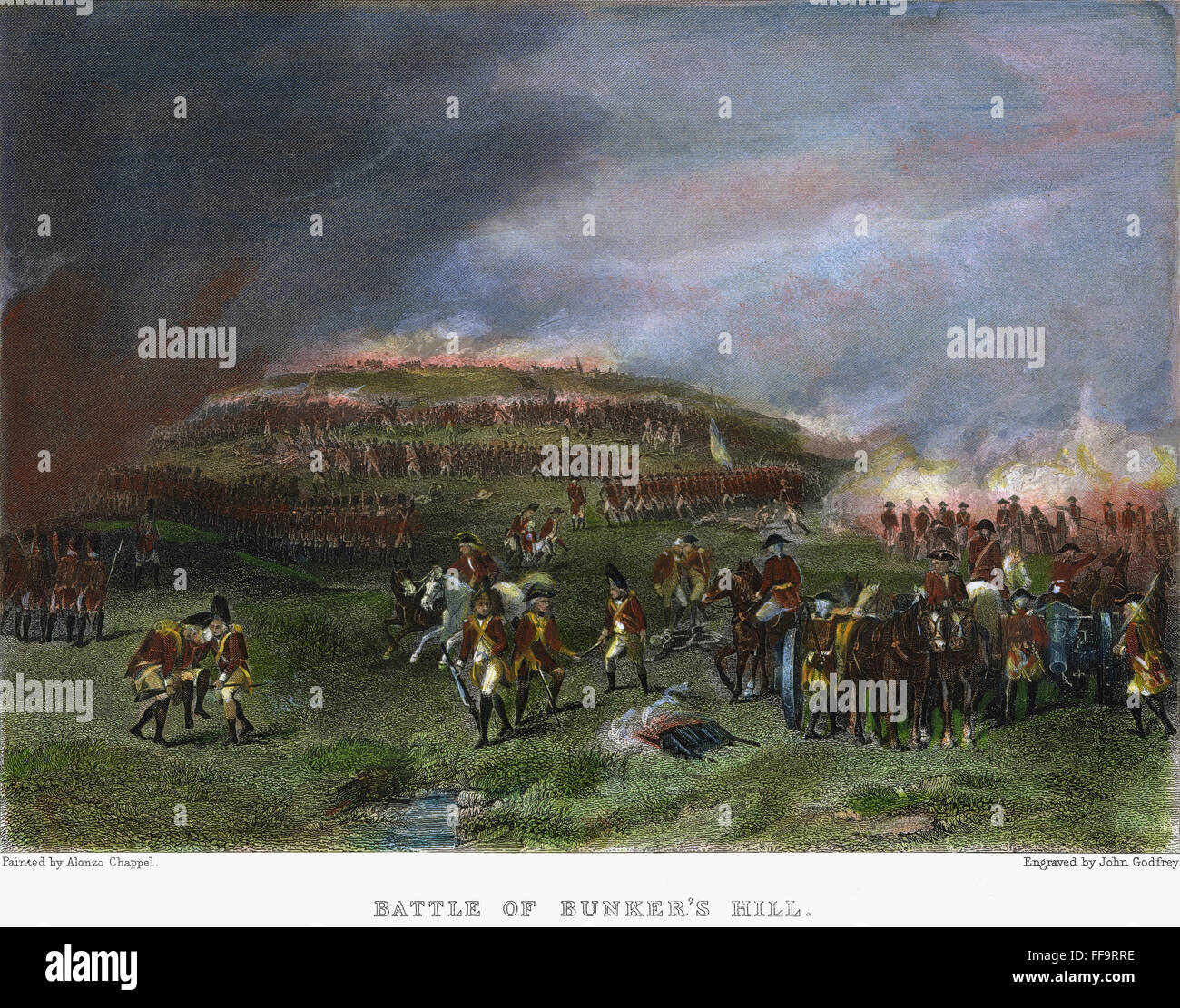 La battaglia di Bunker Hill, 1775. /NBehind le linee britanniche nella battaglia di Bunker Hill, 17 Giugno 1775: incisione americano dopo un dipinto di Alonzo Chappel, xix secolo. Foto Stock