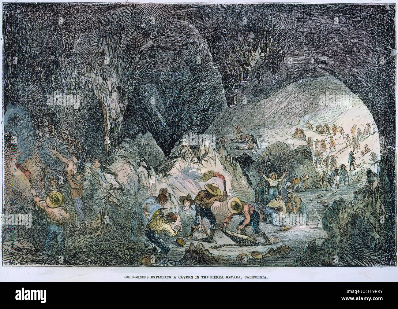 GOLD Miner, 1859. /NExploring una caverna nella Sierra Nevada, in California: incisione su legno da un giornale americano. Foto Stock