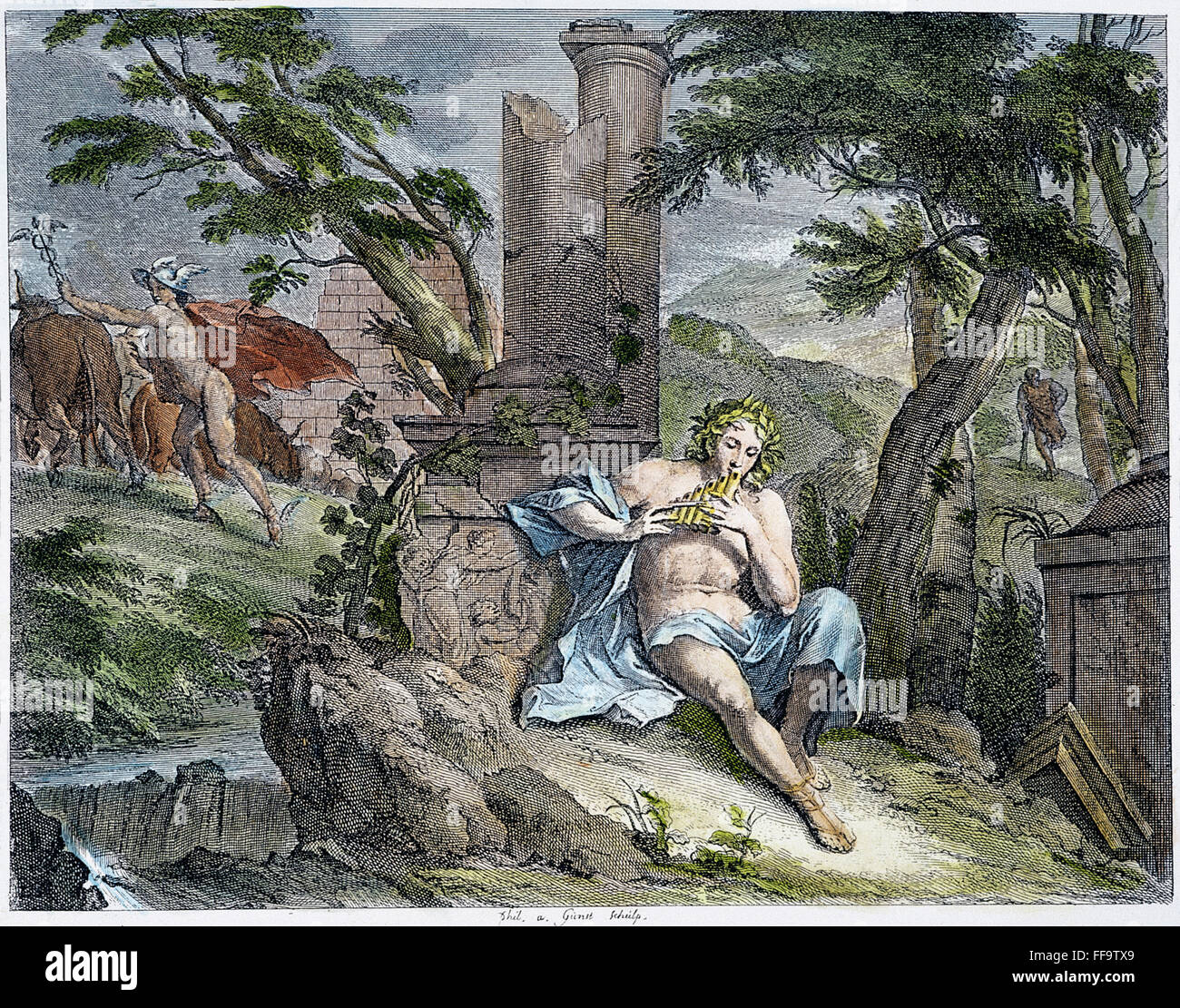 HERMES rubare i buoi. /NHermes rubare Apollo di buoi. La linea di incisione, XVIII secolo. Foto Stock