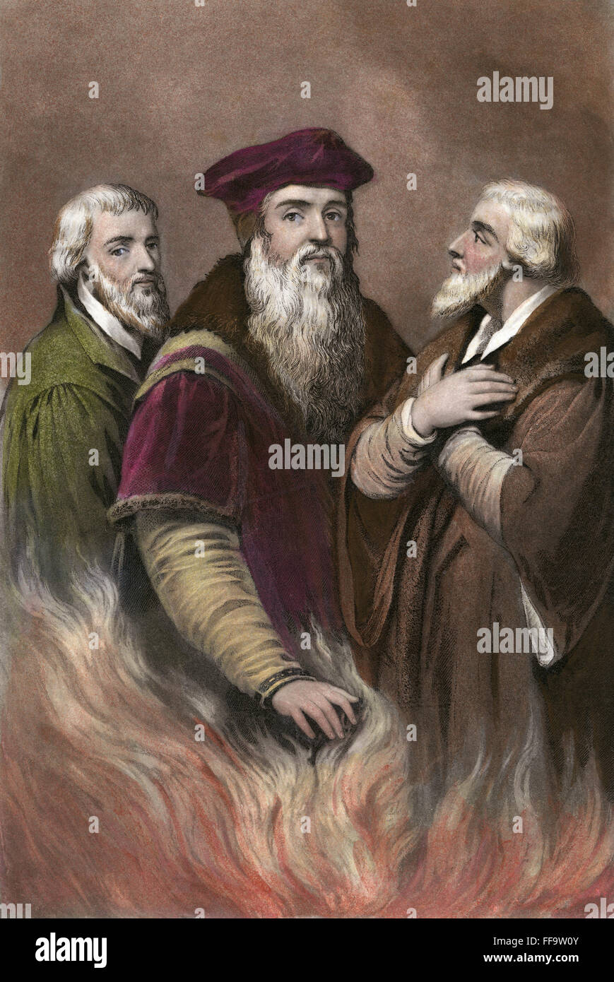 Inglese riformatori. /Nda da sinistra a destra: Nicholas Ridley (1500?-1555), Thomas Cranmer (1489-1556), e Hugh Latimer (c1485-1555). Mezzatinta da John Sartain dopo H. Lejune, xix secolo. Foto Stock