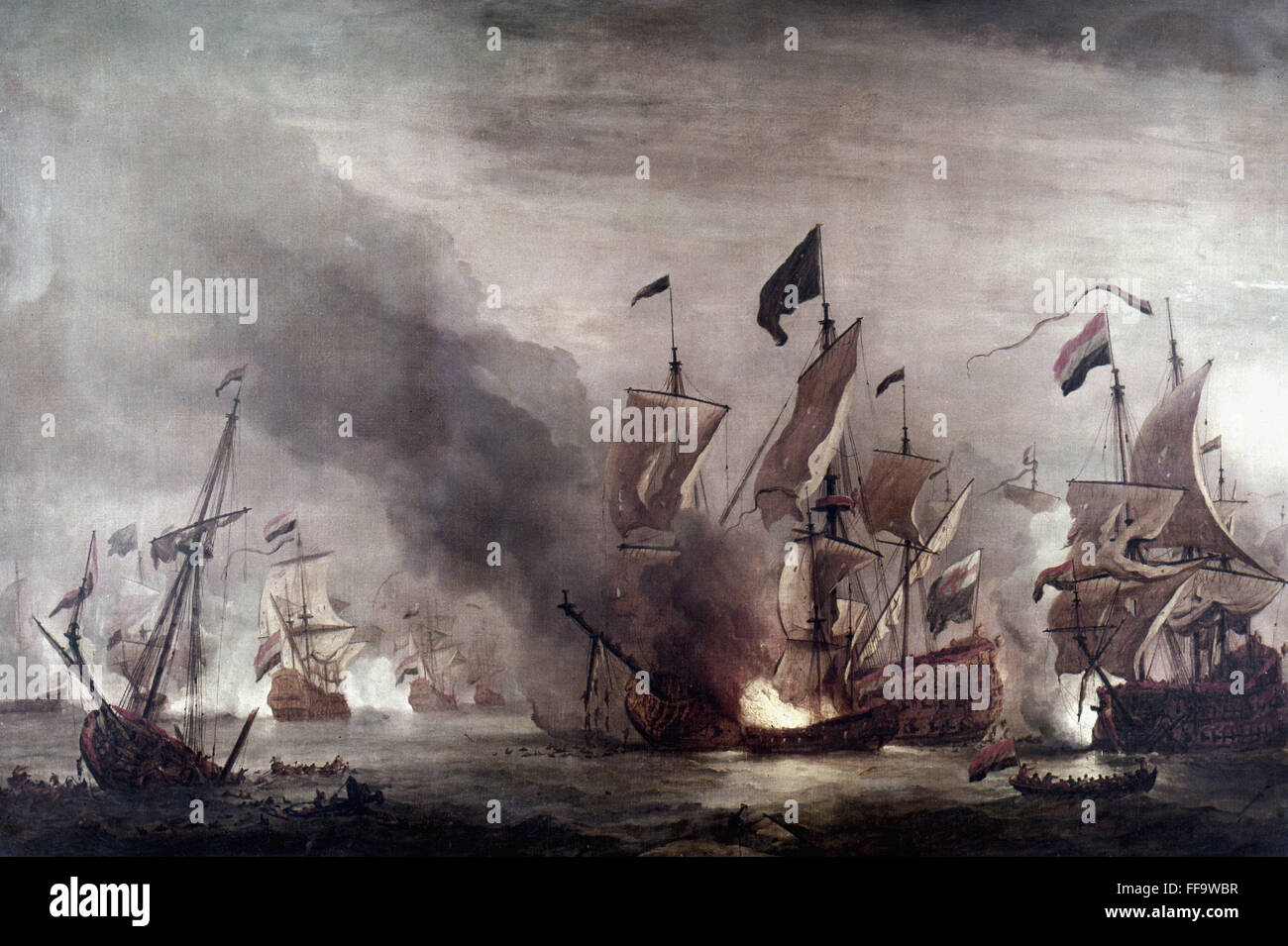 ROYAL JAMES bruciore, 1672. /Schappe da studio di W. van de Velde raffigurante la battaglia di Solebay, la prima battaglia navale della terza guerra anglo-olandese. Foto Stock