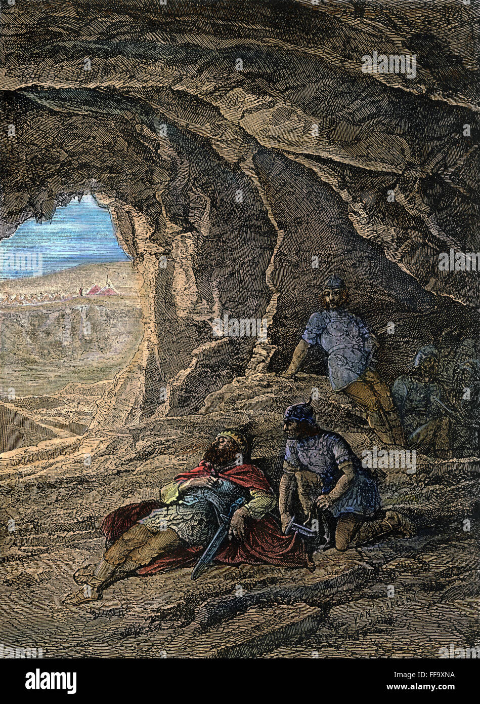 Davide e Saul. /NDavid taglia un pezzo del manto di Re Saul come dorme (1 Samuele 24: 4). Incisione su legno, americano, xix secolo. Foto Stock