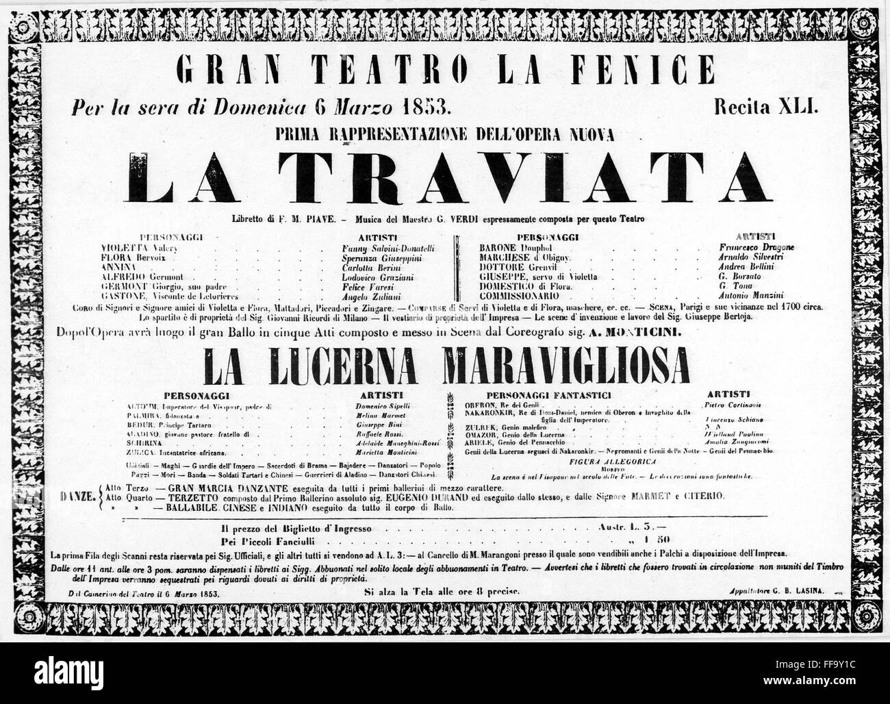LA TRAVIATA POSTER /nper la premiere di Guiseppe Verdi opera in Venezia, 6  marzo 1853. L'opera è stata seguita da una a cinque-act ballet, "La  Lanterna Magica Foto stock - Alamy