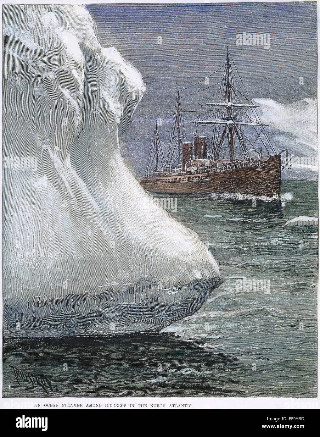 ICEBERG, 1890. /NAn ocean sistema di cottura a vapore tra gli iceberg nel Nord Atlantico. Incisione su legno, americano, 1890. Foto Stock
