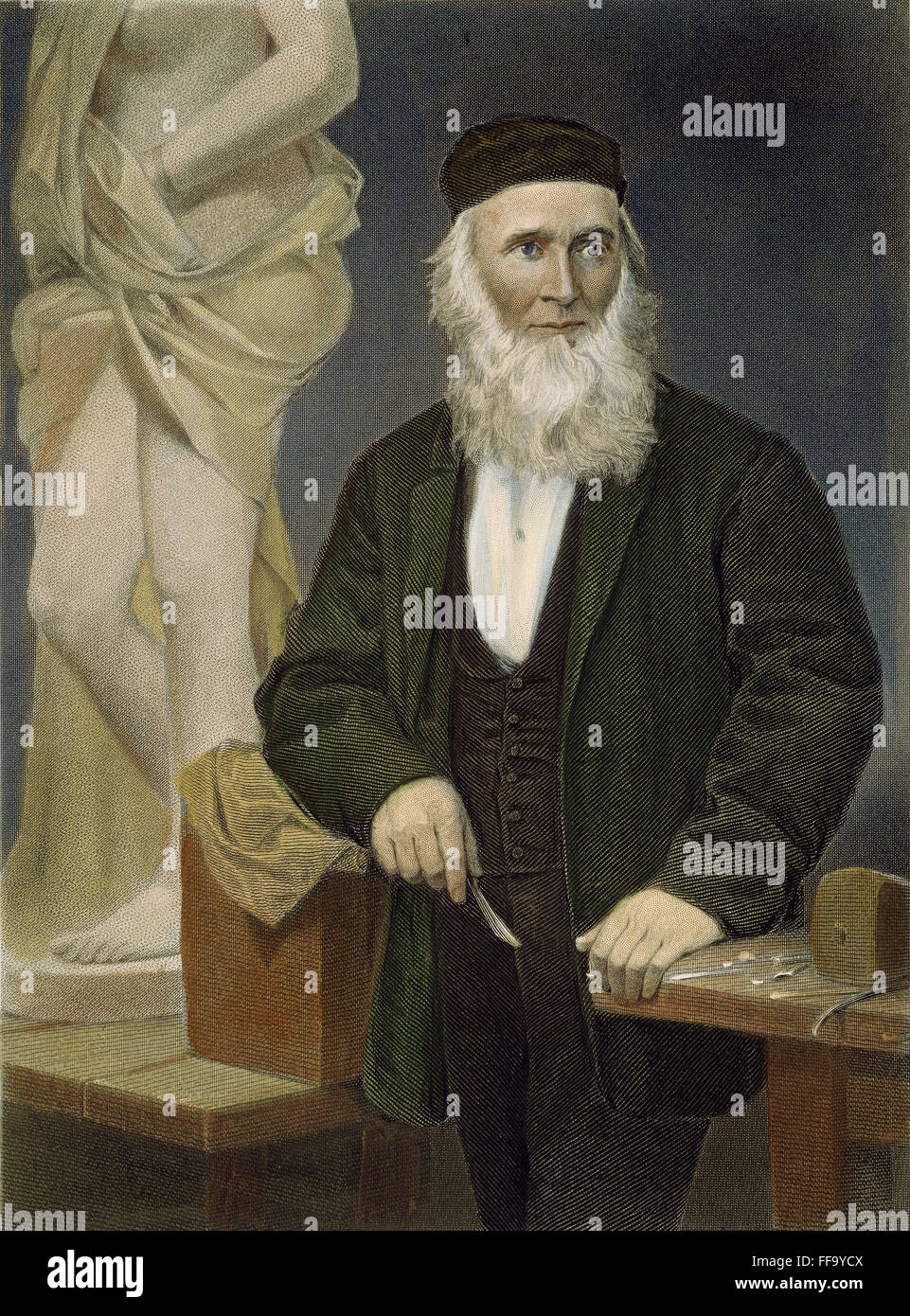 HIRAM POWERS (1805-1873). /NAmerican scultore. Incisione in acciaio, americano, 1874. Foto Stock