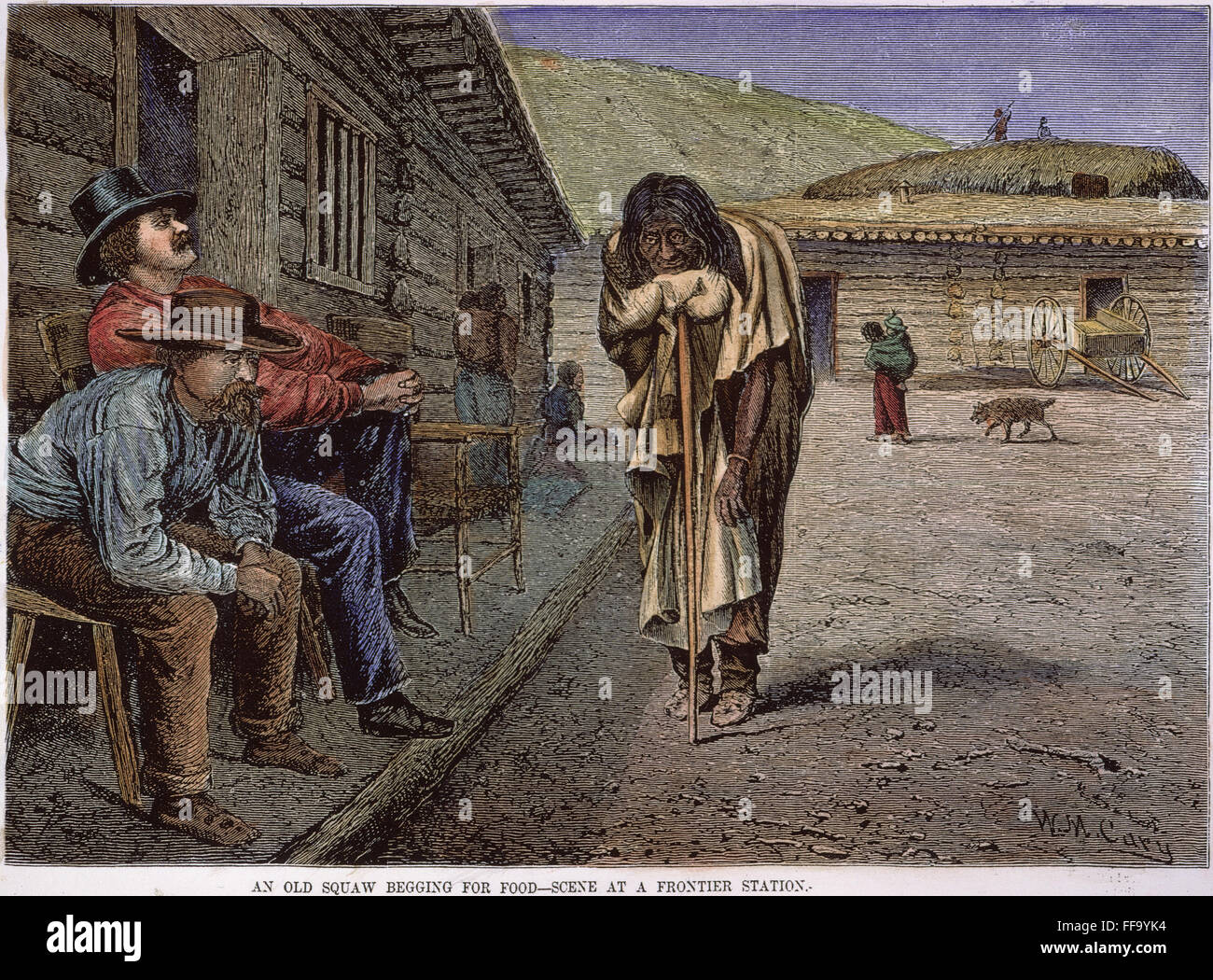 Stazione di frontiera: mendicante. /NAn old Native American donna Elemosinare il cibo in corrispondenza di una stazione di frontiera nel West americano. Incisione su legno, americano, 1876, dopo William de la Montagne Cary. Foto Stock