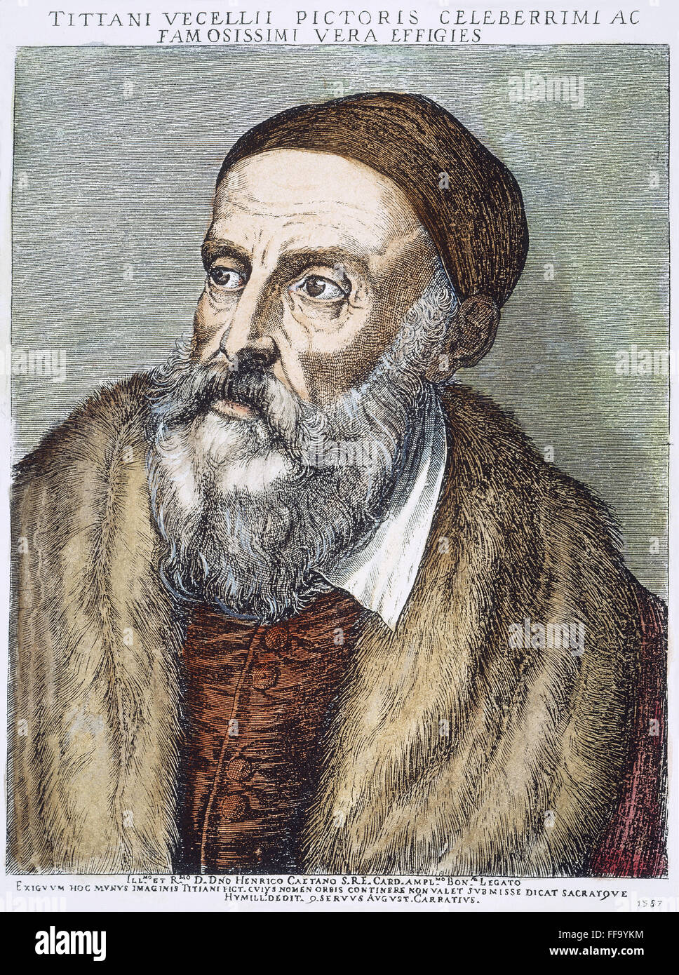 Tiziano (c1490-1576). /NTiziano Vecelli, noto come Tiziano. Pittore italiano. Incisione su rame, 1587, dopo un autoritratto. Foto Stock
