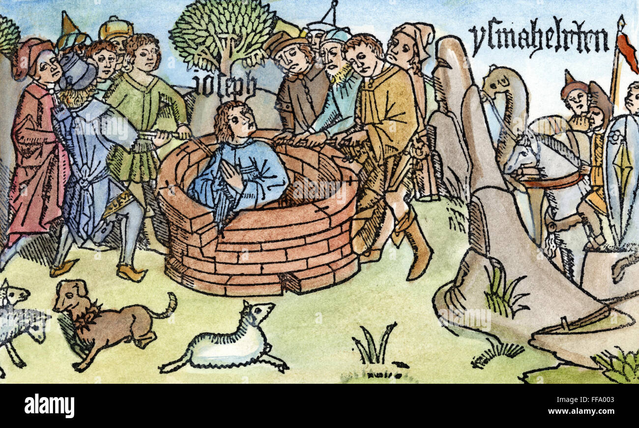 Giuseppe e il PIT. /NJoseph gettato nella fossa da i suoi fratelli (Genesi 37: 18-28). Xilografia dalla colonia la Bibbia, 1478-80. Foto Stock