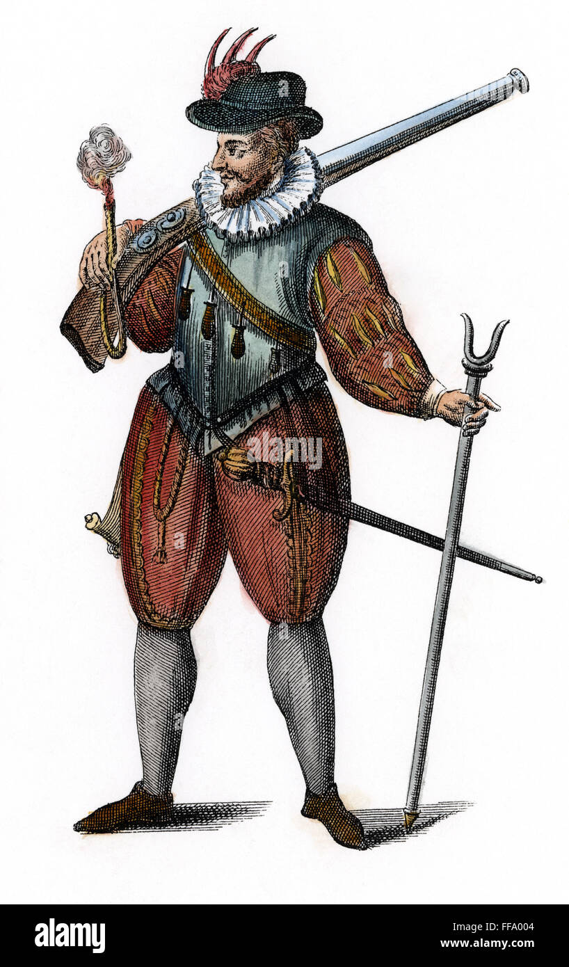 MUSKETEER, del XVI secolo. /NA musketeer durante il regno del Re Enrico III di Francia (1574-1589). Incisione su rame, francese del XVIII secolo. Foto Stock