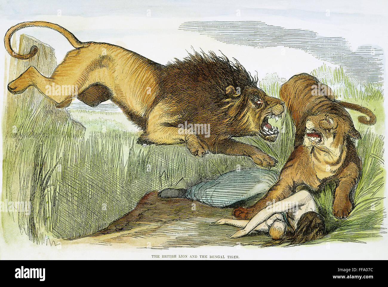 CARTOON: SEPOY ammutinamento. /N'Tegli British vendetta." Dopo il Sepoy ammutinamento del luglio 1857, la British lion attacca la tigre indiana, che ha ucciso una donna inglese e il neonato. Cartone animato da un contemporaneo giornale americano. Foto Stock