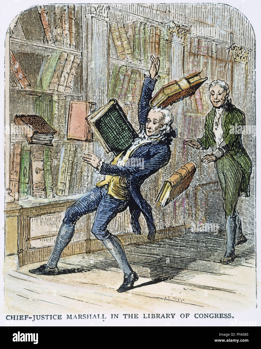 JOHN MARSHALL (1755-1835). /NChief Giustizia della Corte suprema degli Stati Uniti, 1801-1835. Marshall avente una disavventura nella Biblioteca del Congresso, c1830. Incisione su legno, xix secolo. Foto Stock