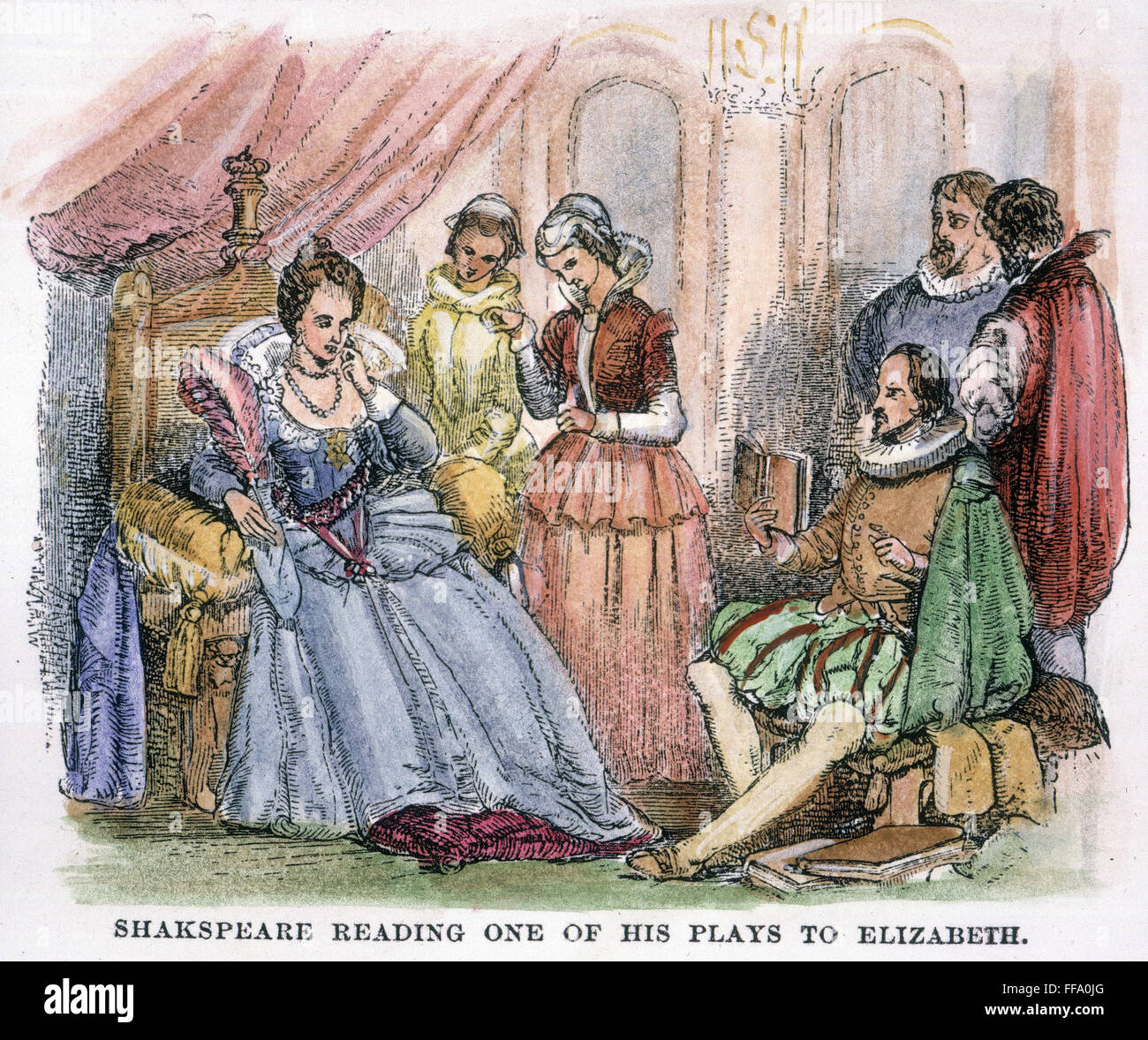 WILLIAM SHAKESPEARE /n(1564-1616) scrittore inglese. La lettura di uno dei suoi giochi per la Regina Elisabetta. Incisione su legno, c1879. Foto Stock