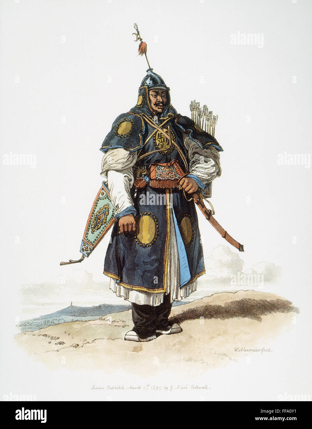 Soldato cinese, 1797. /NChinese soldato in pieno uniforme: litografia pubblicata, 1797, a Londra dopo un color acqua da William Alexander. Foto Stock