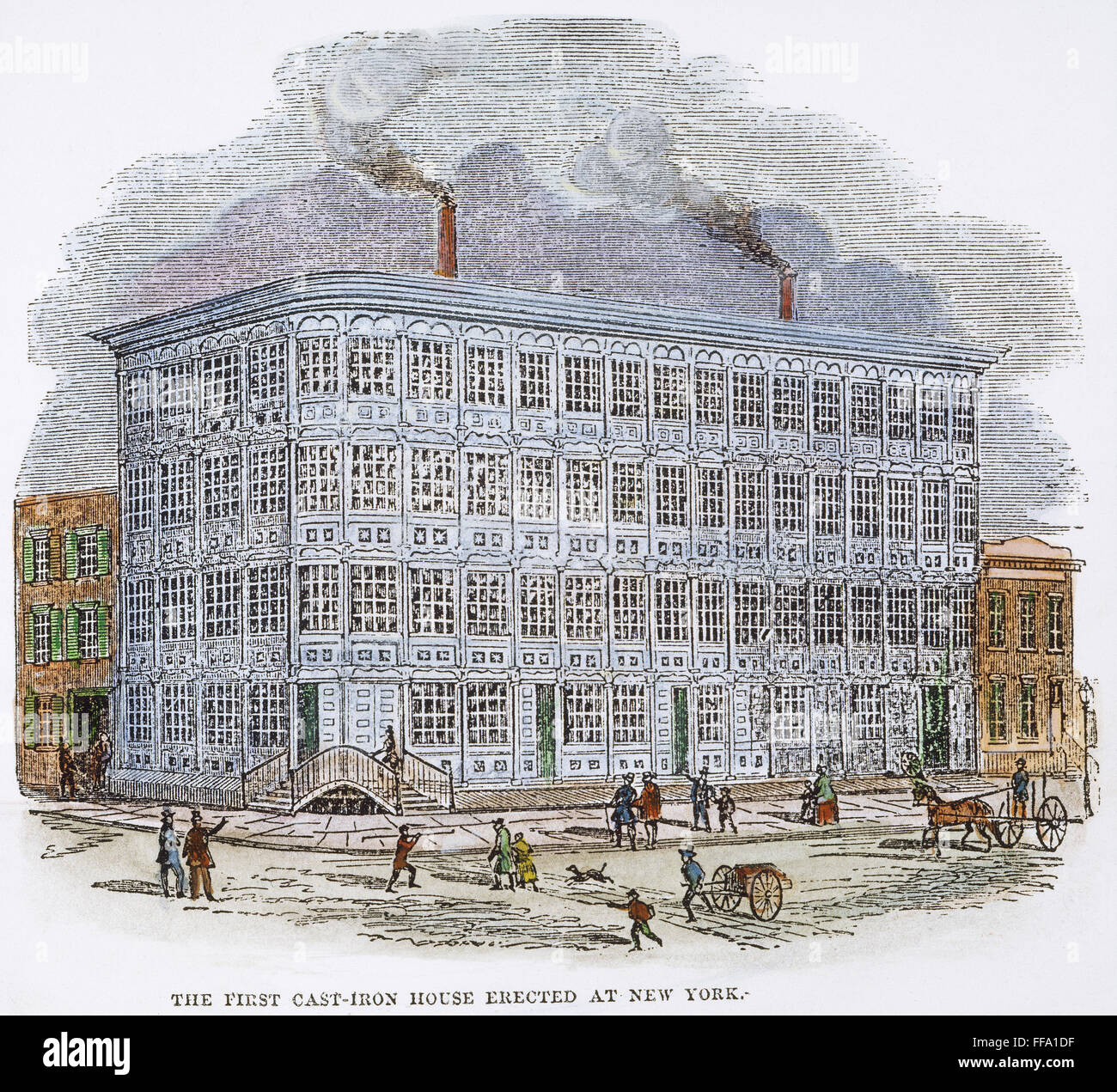 NYC: CAST-Iron Building. /Nla prima di ghisa, edificio costruito 1848, a 97 Murray Street, New York City, da James Bogardus (1800-1874): incisione su legno, 1851. Foto Stock
