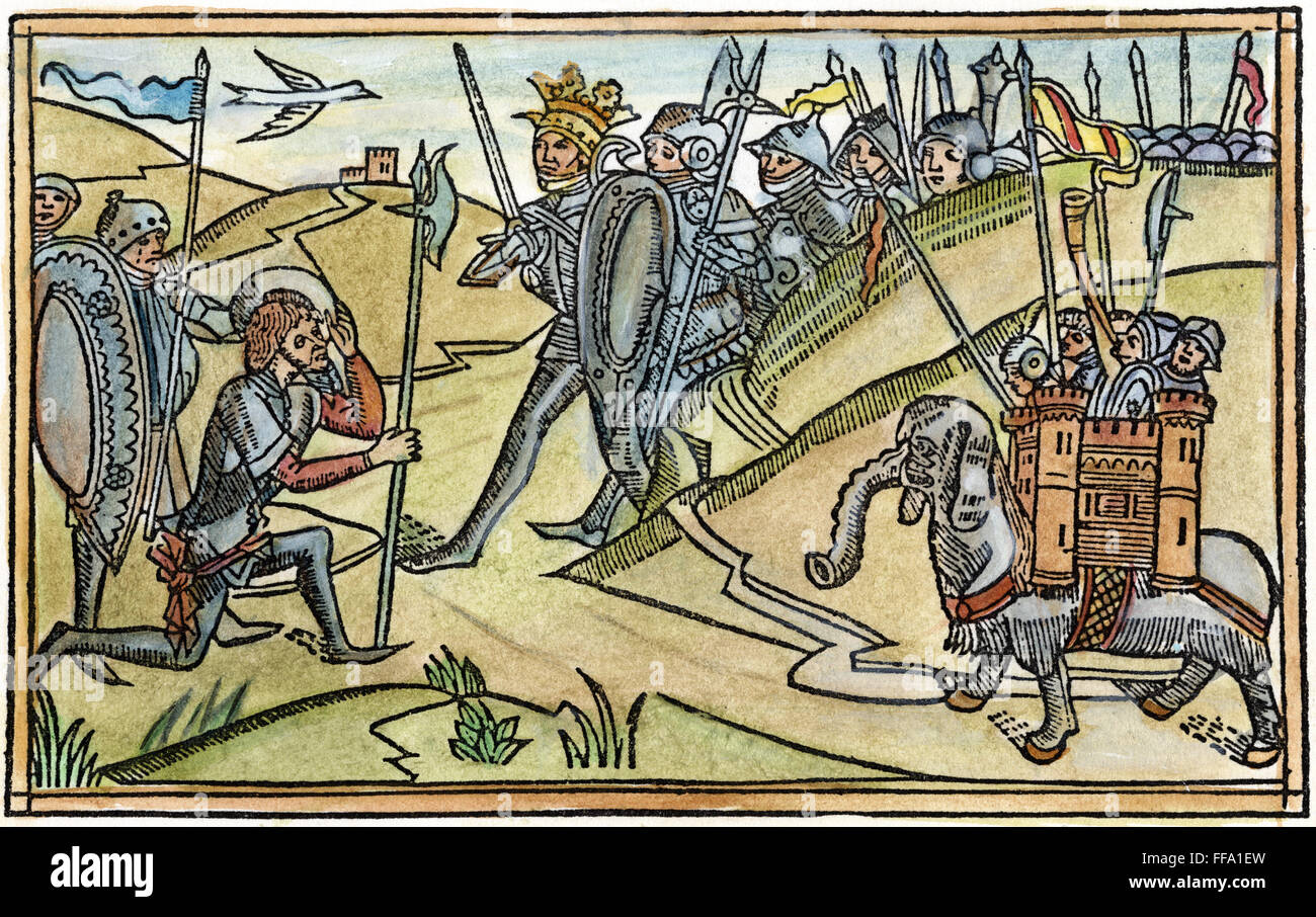 La guerra elefante. /NI Maccabei vi 30. Xilografia dalla colonia la Bibbia, 1478-80. Foto Stock