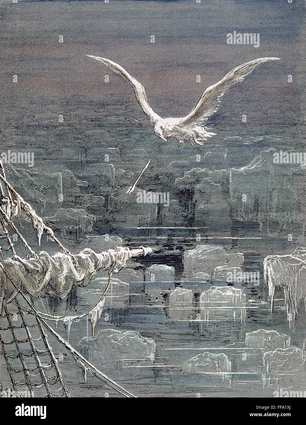 COLERIDGE: Antico mariner. /Nil mariner germogli albatross. Incisione su legno dopo Gustave DorΘ (1832-1883) per Samuel Coleridge "Ballata del Vecchio Marinaio", 1798. Foto Stock