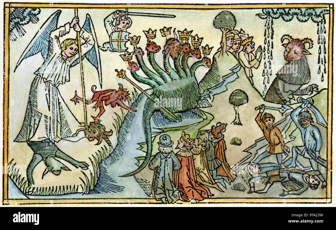 Guerra in cielo, 1480. /NWar in Cielo - La Bestia (Apocalisse XII, 7-10 e rivelazione XIII): la xilografia dalla colonia la Bibbia, 1478-80. Foto Stock